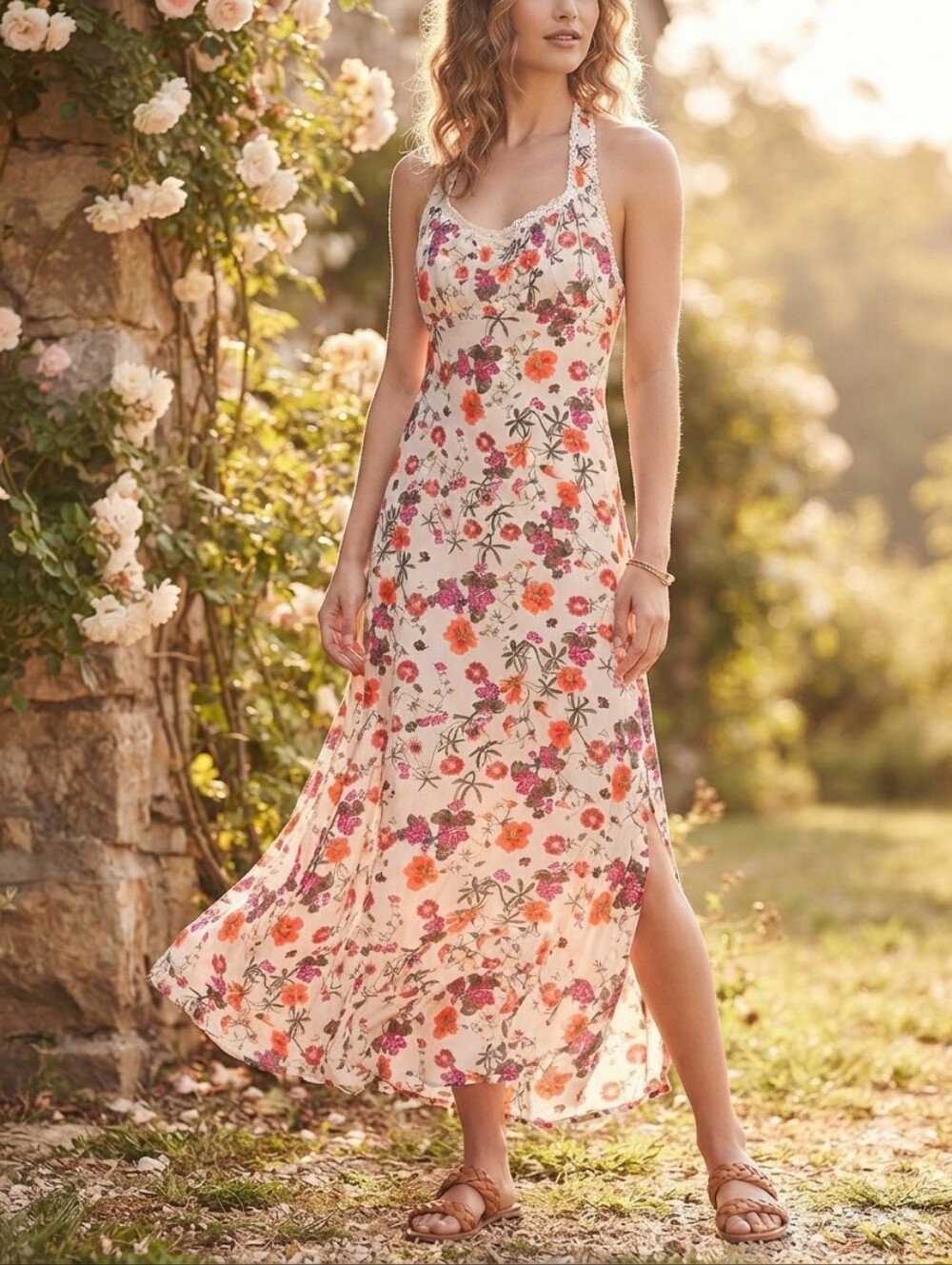 Maurices Band of the Free Floral Crochet Lace Halter Maxi Dress Medium